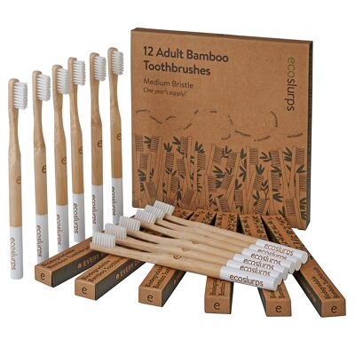 Brosses à dents en bambou EcoSlurps - 12 adultes blancs à poils moyens - le multipack peut être vendu individuellement - Biodégradable