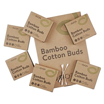 600 bastoncini di cotone in bambù - La confezione contiene 6 x 100 scatole di tamponi di cotone ecofriendly senza plastica e biodegradabili EcoSlurps e qtips