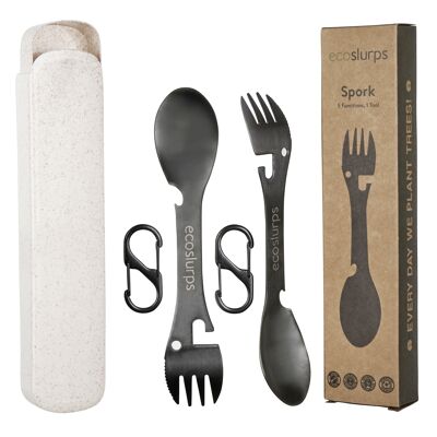 EcoSlurps Sporks With Carry Clip & Wheat Straw Carry Case -  Reusable Travel Cutlery (2 Spork Set)