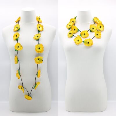 Upcycled Plastic Bottles - Sunflower with Green Leaf Necklace - Yellow