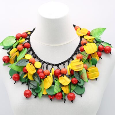 Collar de frutas mezcladas con hojas de plástico y cuentas de madera de inspiración vintage - Multicolor