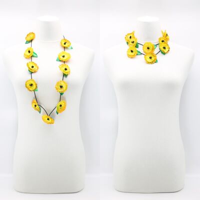 Upcycled Plastic Bottles - Sunflower with Green Leaf Necklace - Short - Yellow