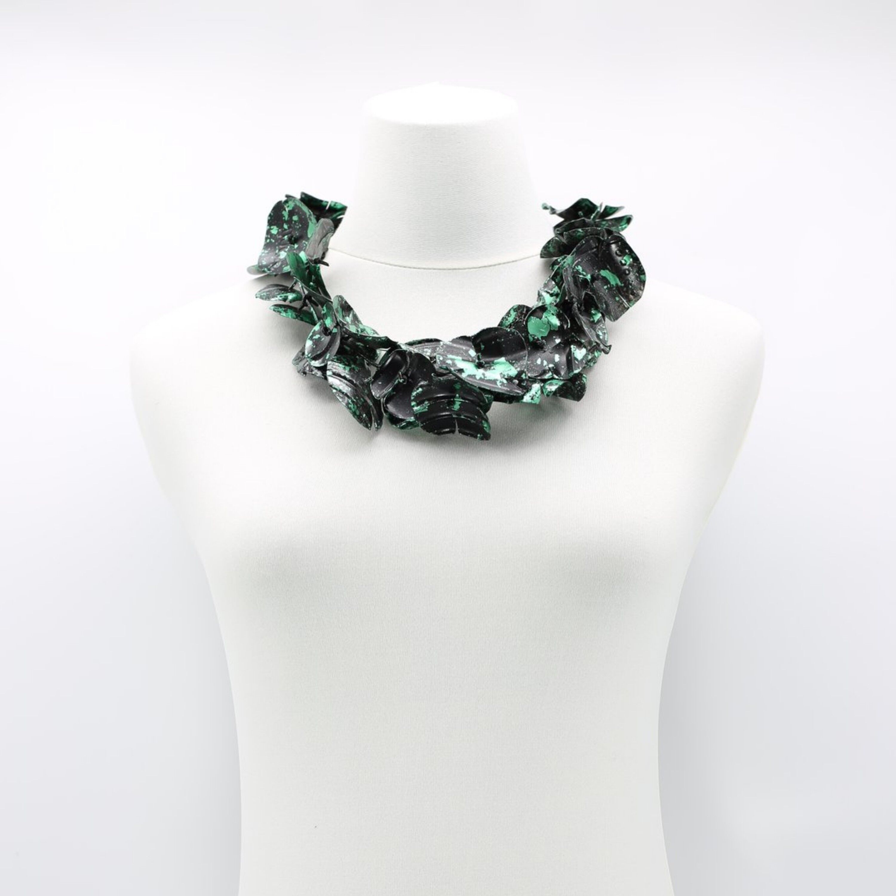 Upcycled Plastic Bottles - Aqua Poppy Flower Necklace - Hand-gilded - Black/Peacock