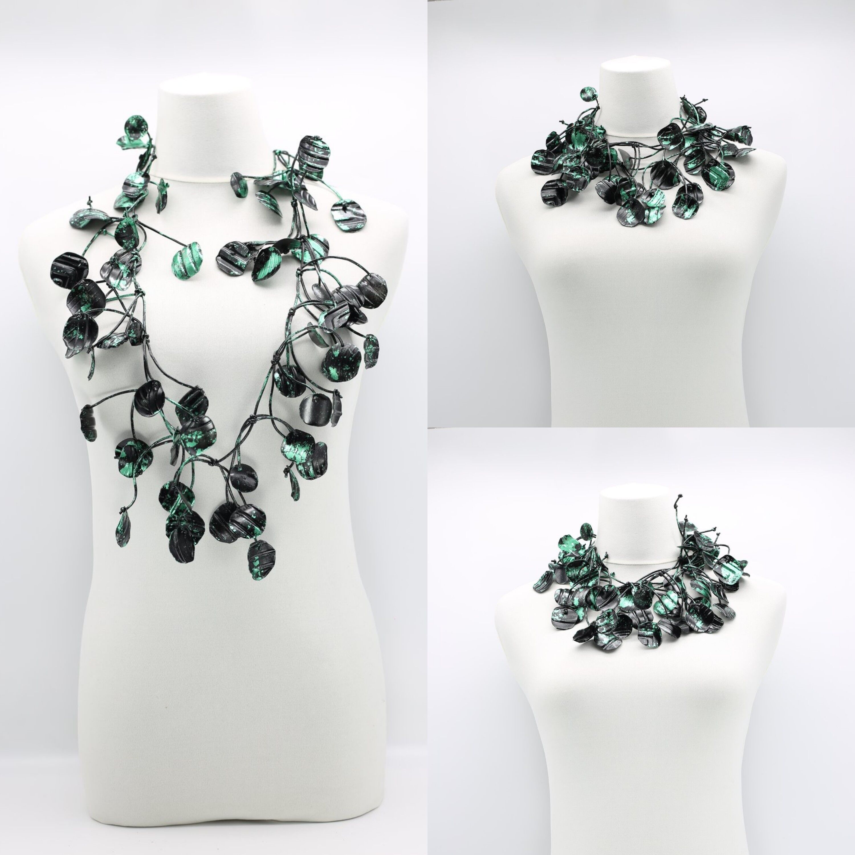 Aqua Seerosenblatt Halsketten - lang - handvergoldet - Pfauenblau mit schwarzer Farbe