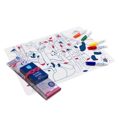 Coloración educativa: Mantel individual para colorear de silicona 5 rotuladores incluidos - reutilizable PANDA WILDLIFE