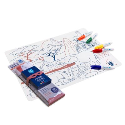 Coloriage éducatif : Set de table en silicone à colorier 5 feutres inclus- réutilisable - SAVANE WILDLIFE