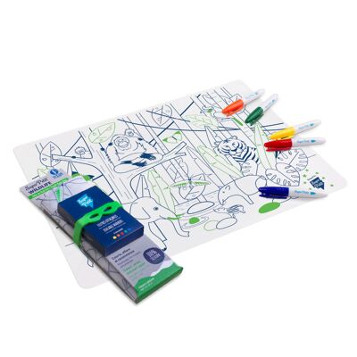 Educational coloring: Silicone coloring placemat 5 markers included - reusable - JUNGLE WILDLIFE