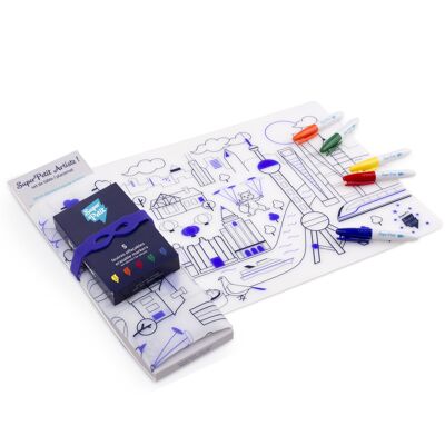 Reusable coloring: Silicone placemat to color endlessly 5 markers included - FUTURISTIC CITY