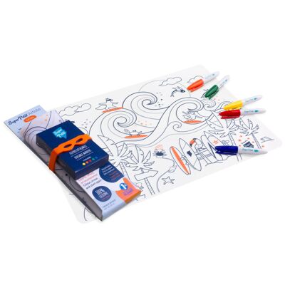 Coloriage réutilisable : Set de table en silicone à colorier à l'infini 5 feutres inclus - SURF