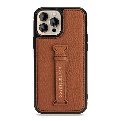 iPhone 13 Pro Max leather case with finger loop nappa brown