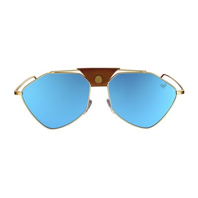 Letec - Montatura Oro Opaco - Lenti Blu Specchiate + Pelle Marrone