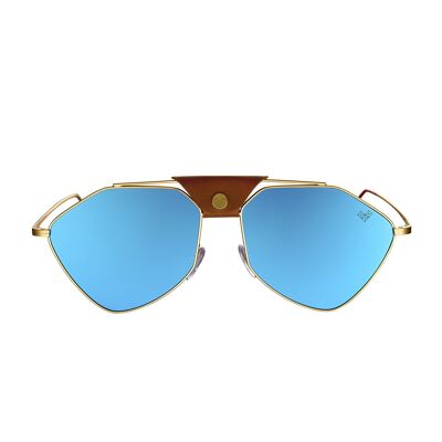 Letec - Montatura Oro Opaco - Lenti Blu Specchiate + Pelle Marrone