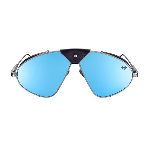 Fonsi - Gun Metal Frame - Blue Mirror Gradient Lenses + Navy Blue Leather