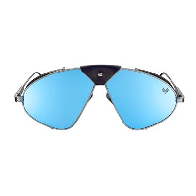 Fonsi - Gun Metal Frame - Blau verspiegelte Gläser mit Farbverlauf + Marineblaues Leder