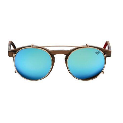 Aviva Clip-on - Wood Brown Matte Frame - Gold Clip Demo + Blue Mirror Lenses