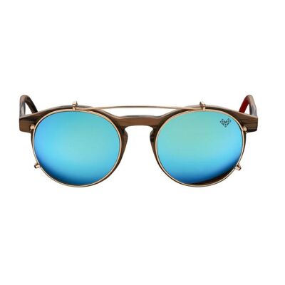 Clip-on Aviva - Marco de madera marrón mate - Demostración de clip dorado + lentes de espejo azul