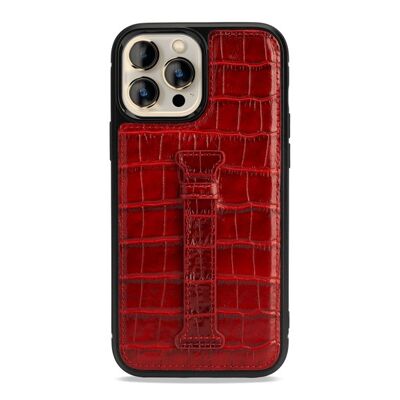 iPhone 13 Pro Max leather case with finger loop crocodile embossing red