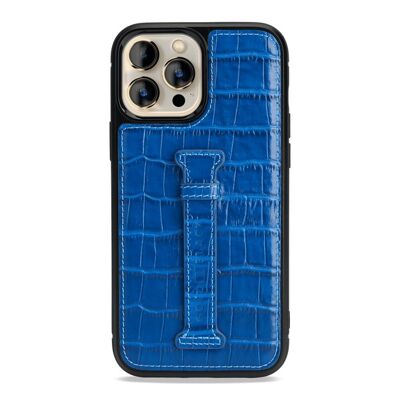 Étui en cuir pour iPhone 13 Pro Max avec boucle de doigt embossé crocodile bleu