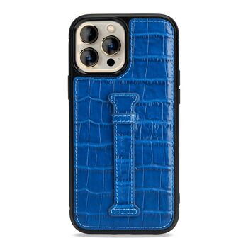 Étui en cuir pour iPhone 13 Pro Max avec boucle de doigt embossé crocodile bleu 1