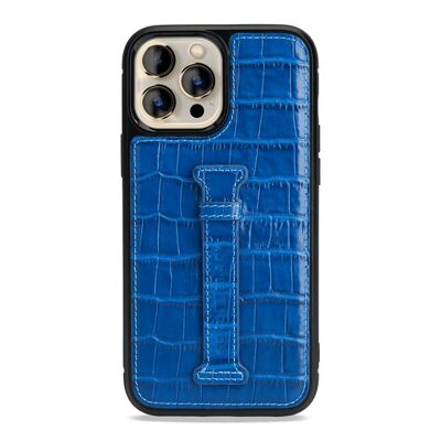 iPhone 13 Pro Max leather case with finger loop crocodile embossing blue