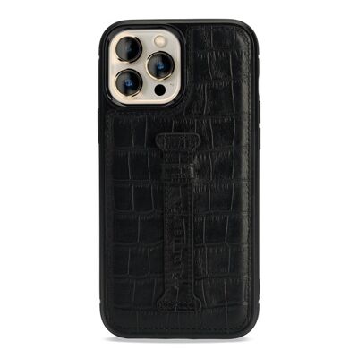 iPhone 13 Pro Max leather case with finger loop crocodile embossing black