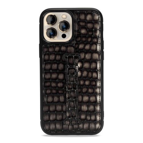 iPhone 13 Pro Max Leder Case mit Fingerschlaufe Milano-Design grau