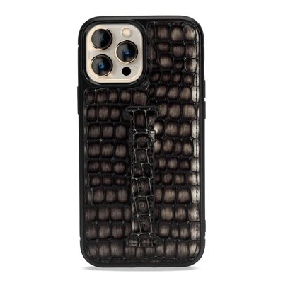 iPhone 13 Pro Max leather case with finger loop Milano design gray