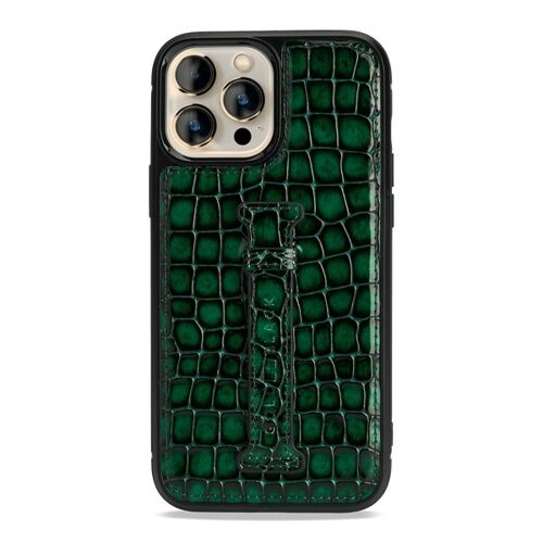 iPhone 13 Pro Max Leder Case mit Fingerschlaufe Milano-Design grün