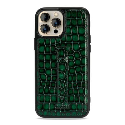 iPhone 13 Pro Max leather case with finger loop Milano design green