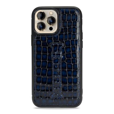 iPhone 13 Pro Max leather case with finger loop Milano design blue