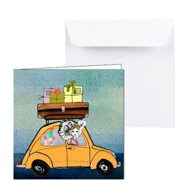 Feestkaart Zeeuws meisje in een auto vol cadeautjes