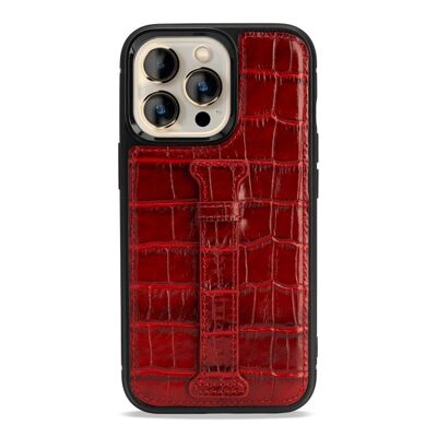 iPhone 13 Pro leather case with finger loop crocodile embossing red