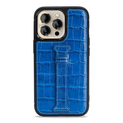 iPhone 13 Pro Leder Case mit Fingerschlaufe Kroko-Prägung blau