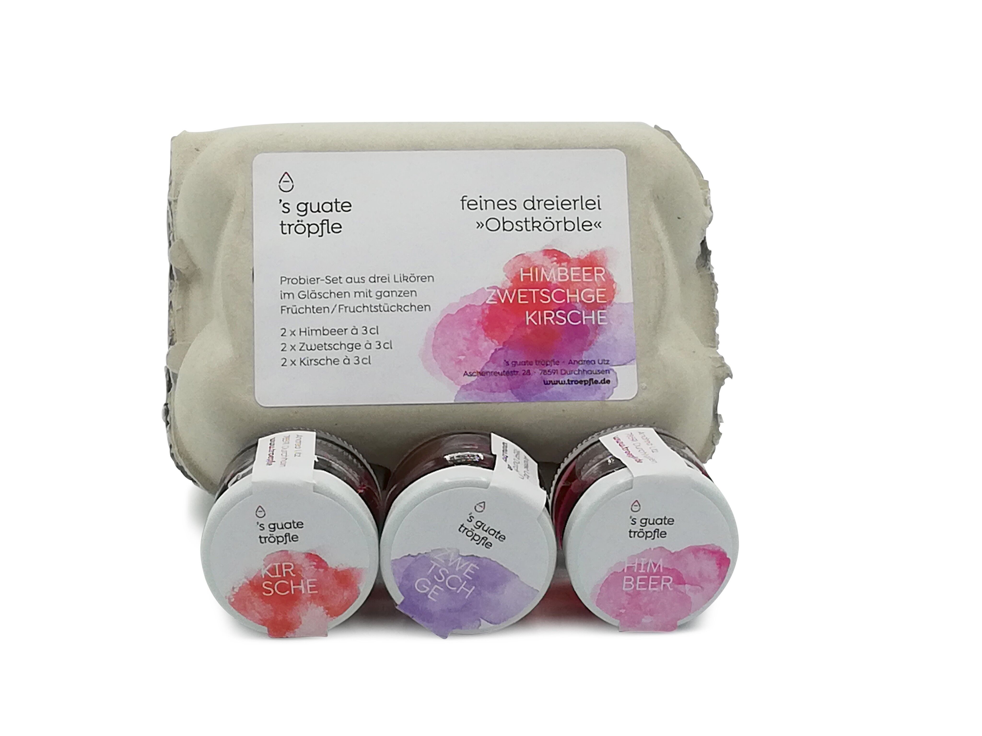 Ensemble de liqueur de fruits Obstkörble 6x3cl (2x liqueur de framboise, liqueur de prune, liqueur de cerise) dans un emballage cadeau (boîte à œufs)