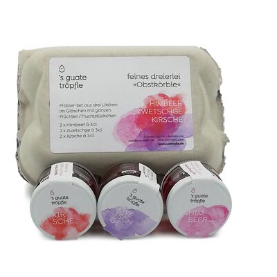 Obstkörble fruit liqueur set 6x3cl (2x raspberry liqueur, plum liqueur, cherry liqueur) in gift packaging (egg box)