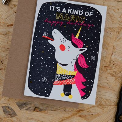 Biglietto pieghevole A6 con busta "It's a kind of magic" (unicorno) Christmas Letterpress