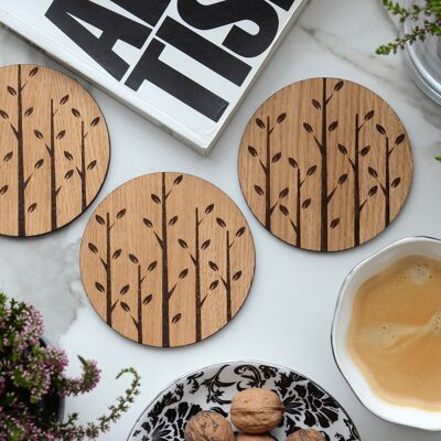 Wood Coasters "FOREST" - Round Wooden Coasters for Table Protection, Set of 4