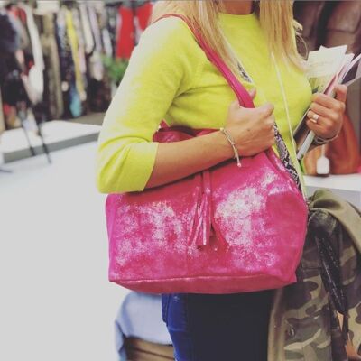 Bolsa de asas Alice de cuero genuino de urraca metálica # LB901 Rosa