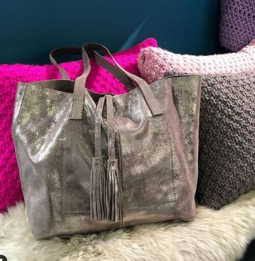 Metallic Magpie Genuine Leather Alice Tote Bag #LB901 Taupe