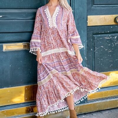 Long bohemian print dress with pompoms and lace