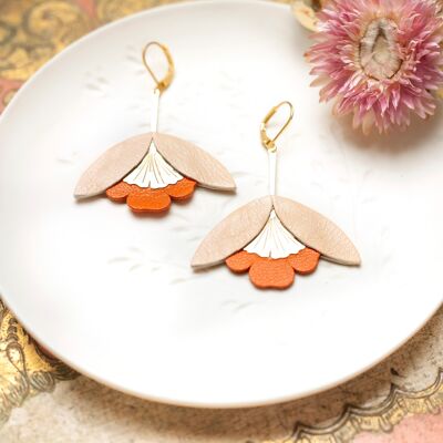 Ginkgo Flower Earrings - flesh pink and orange leather