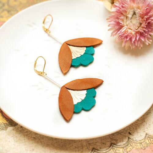 Boucles d'oreilles Fleur de Ginkgo - cuir marron et vert foncé