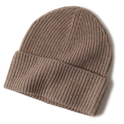 Cashmere Ribbed Turn up Beanie Taupe