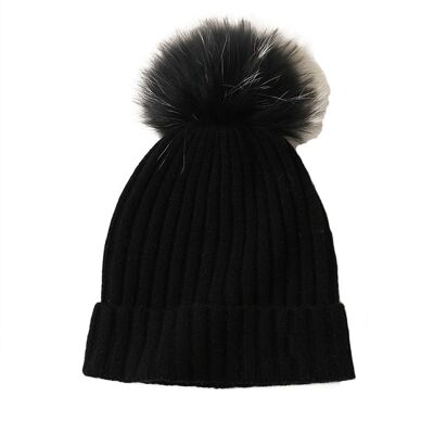 Cashmere Ribbed Beanie with Eco PomPom Mont Blanc Black