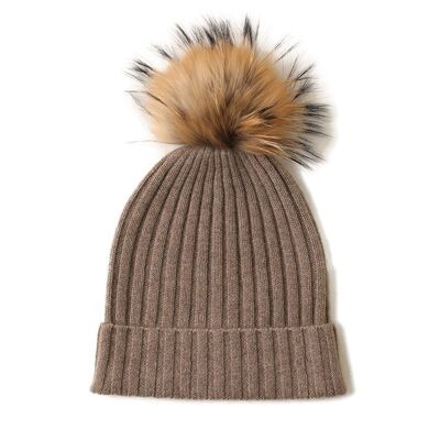 Cashmere Ribbed Beanie mit Öko-PomPom Mont Blanc Camel