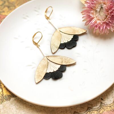 Ginkgo Flower Earrings - gold and black leather