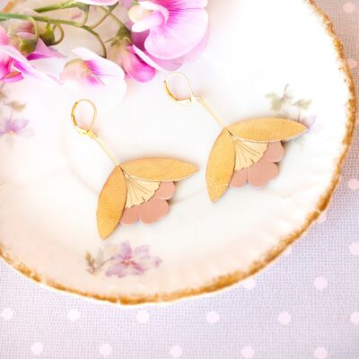 Ginkgo Flower Earrings - gold and pink leather