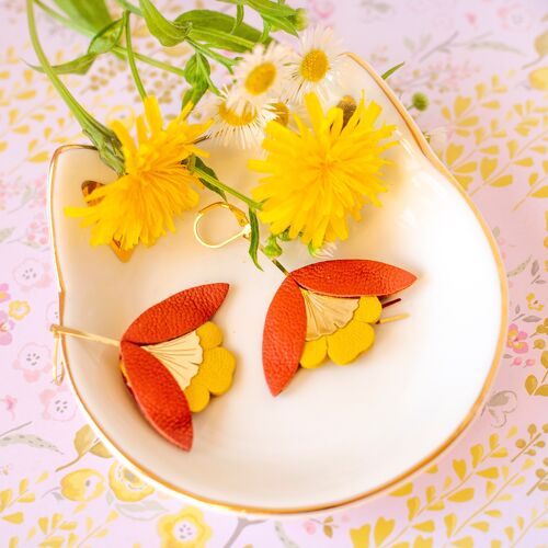 Boucles d'oreilles Fleur de Ginkgo - cuir terracotta et jaune