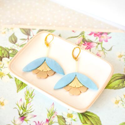 Ginkgo Flower Earrings - cyan blue leather and matt gold