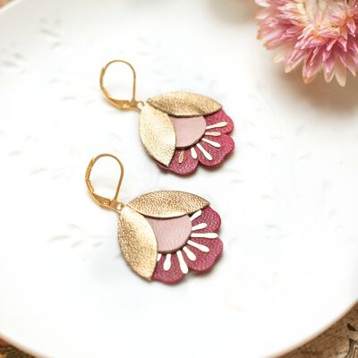 Boucles d'oreilles Fleur de Cerisier - cuir doré, rose et rouge foncé